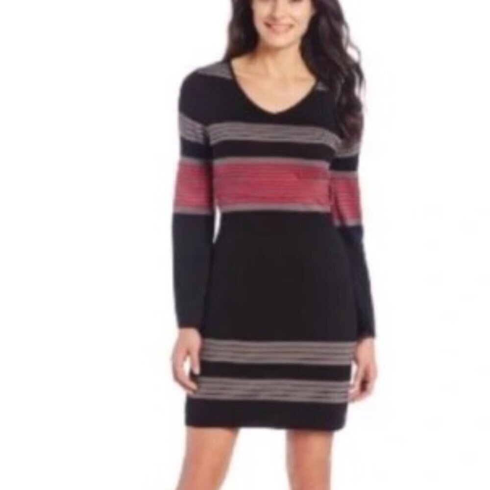 PrAna Sydney Striped Belted Sweater Dress Black Gray Red S
